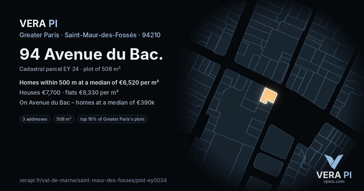 94 Avenue du Bac, Saint-Maur-des-Fossés at night – the plot lit, the parcels around coloured by the prices near them