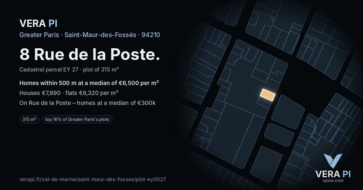 8 Rue de la Poste, Saint-Maur-des-Fossés at night – the plot lit, the parcels around coloured by the prices near them