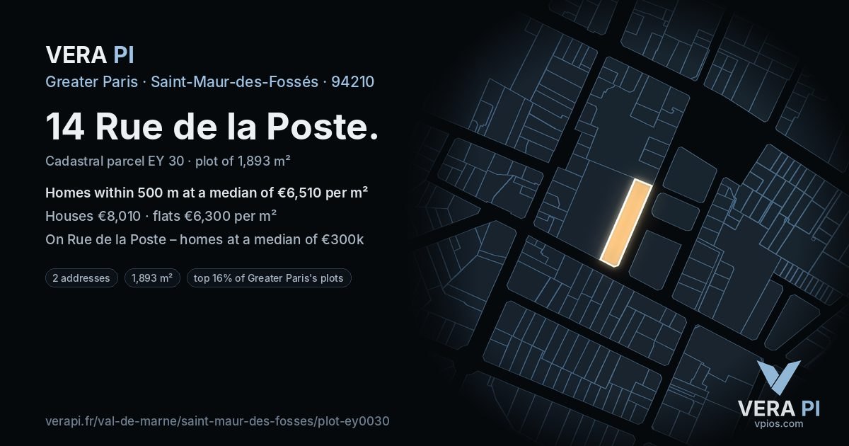 14 Rue de la Poste, Saint-Maur-des-Fossés at night – the plot lit, the parcels around coloured by the prices near them