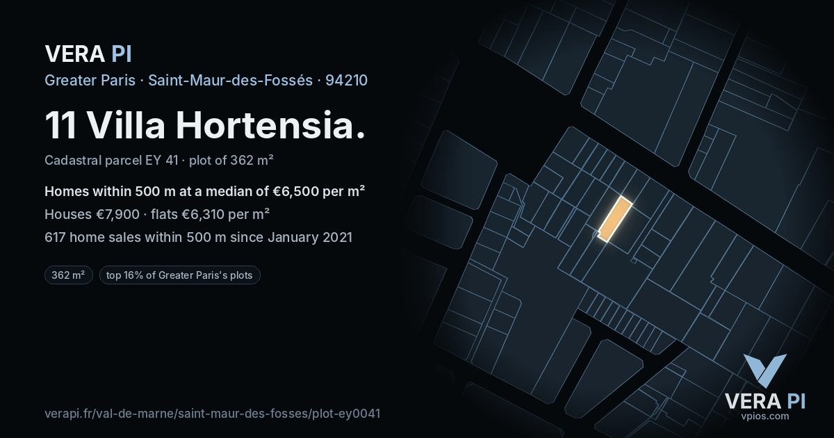 11 Villa Hortensia, Saint-Maur-des-Fossés at night – the plot lit, the parcels around coloured by the prices near them