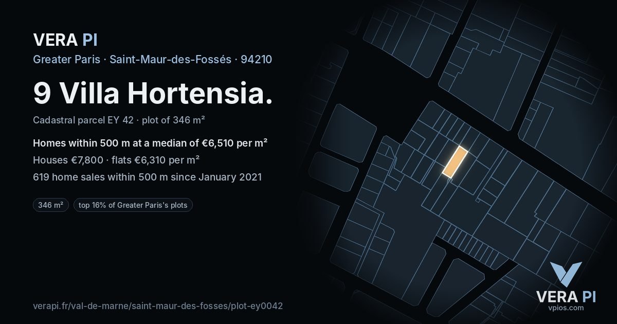9 Villa Hortensia, Saint-Maur-des-Fossés at night – the plot lit, the parcels around coloured by the prices near them