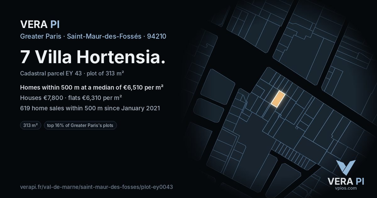 7 Villa Hortensia, Saint-Maur-des-Fossés at night – the plot lit, the parcels around coloured by the prices near them