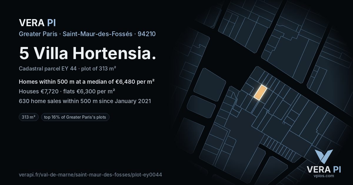 5 Villa Hortensia, Saint-Maur-des-Fossés at night – the plot lit, the parcels around coloured by the prices near them