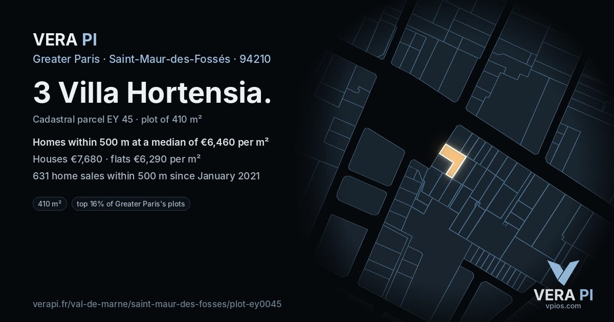 3 Villa Hortensia, Saint-Maur-des-Fossés at night – the plot lit, the parcels around coloured by the prices near them