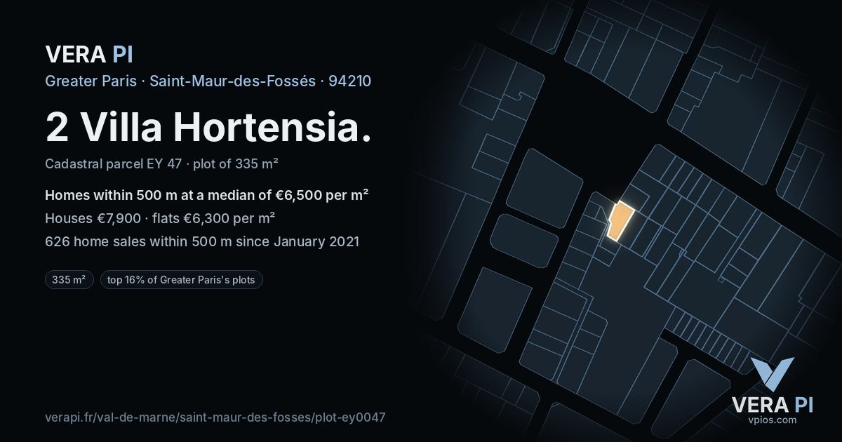 2 Villa Hortensia, Saint-Maur-des-Fossés at night – the plot lit, the parcels around coloured by the prices near them