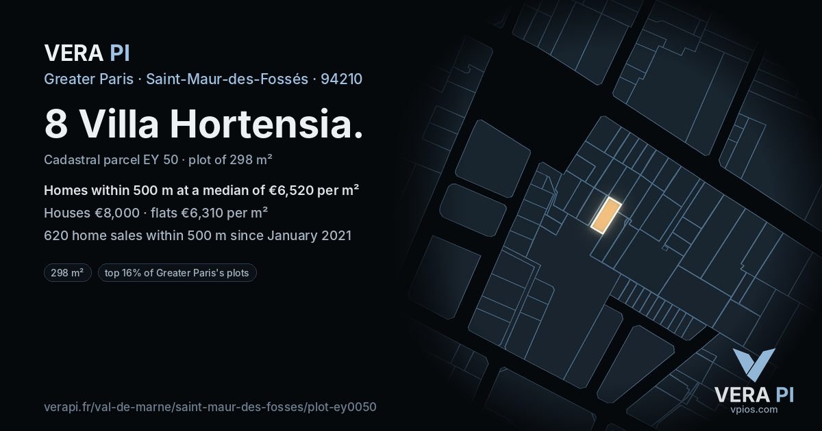 8 Villa Hortensia, Saint-Maur-des-Fossés at night – the plot lit, the parcels around coloured by the prices near them