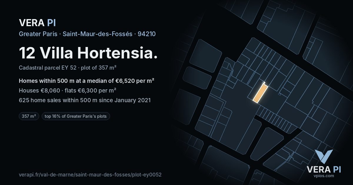 12 Villa Hortensia, Saint-Maur-des-Fossés at night – the plot lit, the parcels around coloured by the prices near them