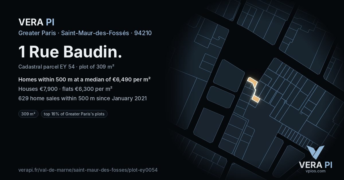 1 Rue Baudin, Saint-Maur-des-Fossés at night – the plot lit, the parcels around coloured by the prices near them