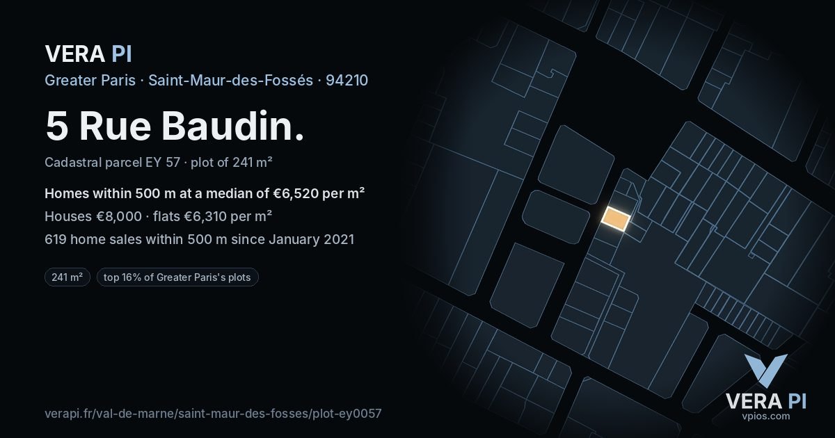 5 Rue Baudin, Saint-Maur-des-Fossés at night – the plot lit, the parcels around coloured by the prices near them