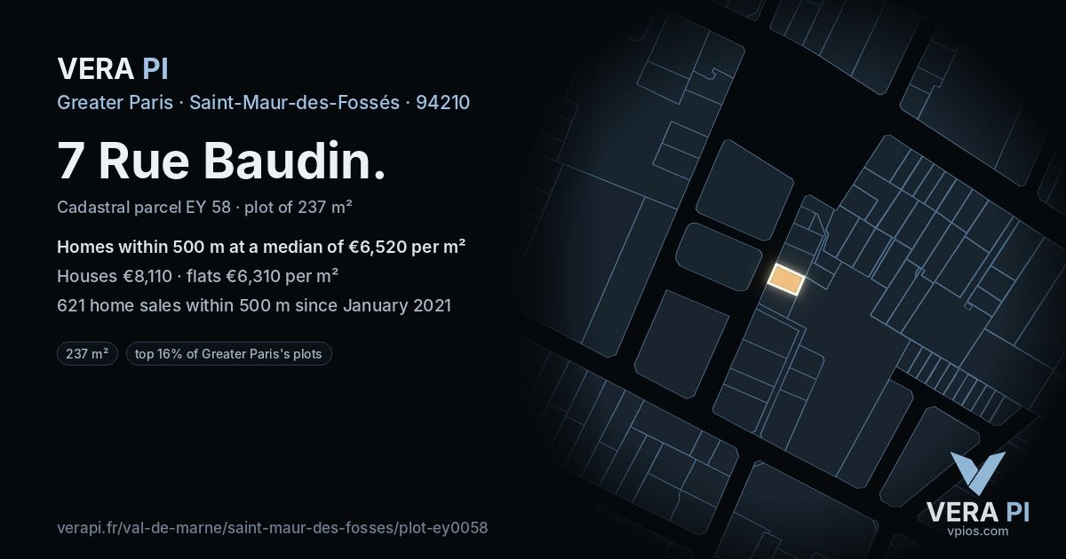 7 Rue Baudin, Saint-Maur-des-Fossés at night – the plot lit, the parcels around coloured by the prices near them