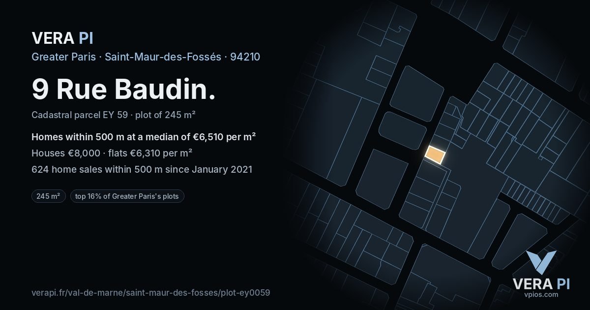 9 Rue Baudin, Saint-Maur-des-Fossés at night – the plot lit, the parcels around coloured by the prices near them