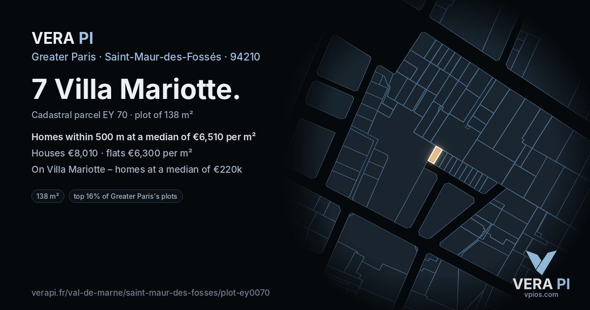 7 Villa Mariotte, Saint-Maur-des-Fossés at night – the plot lit, the parcels around coloured by the prices near them