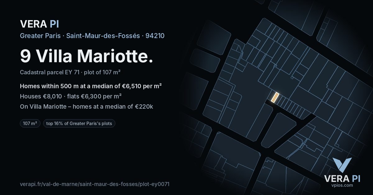 9 Villa Mariotte, Saint-Maur-des-Fossés at night – the plot lit, the parcels around coloured by the prices near them