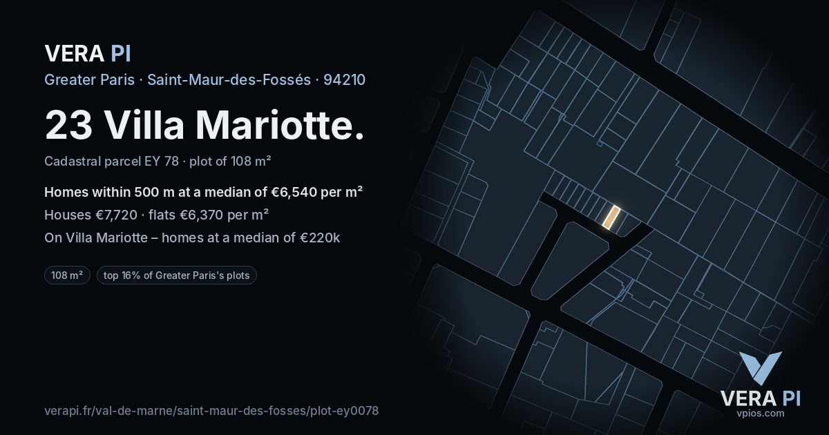 23 Villa Mariotte, Saint-Maur-des-Fossés at night – the plot lit, the parcels around coloured by the prices near them