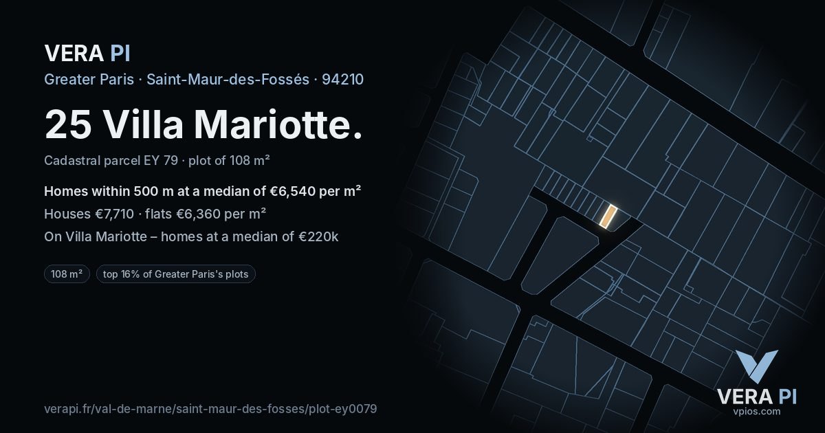 25 Villa Mariotte, Saint-Maur-des-Fossés at night – the plot lit, the parcels around coloured by the prices near them