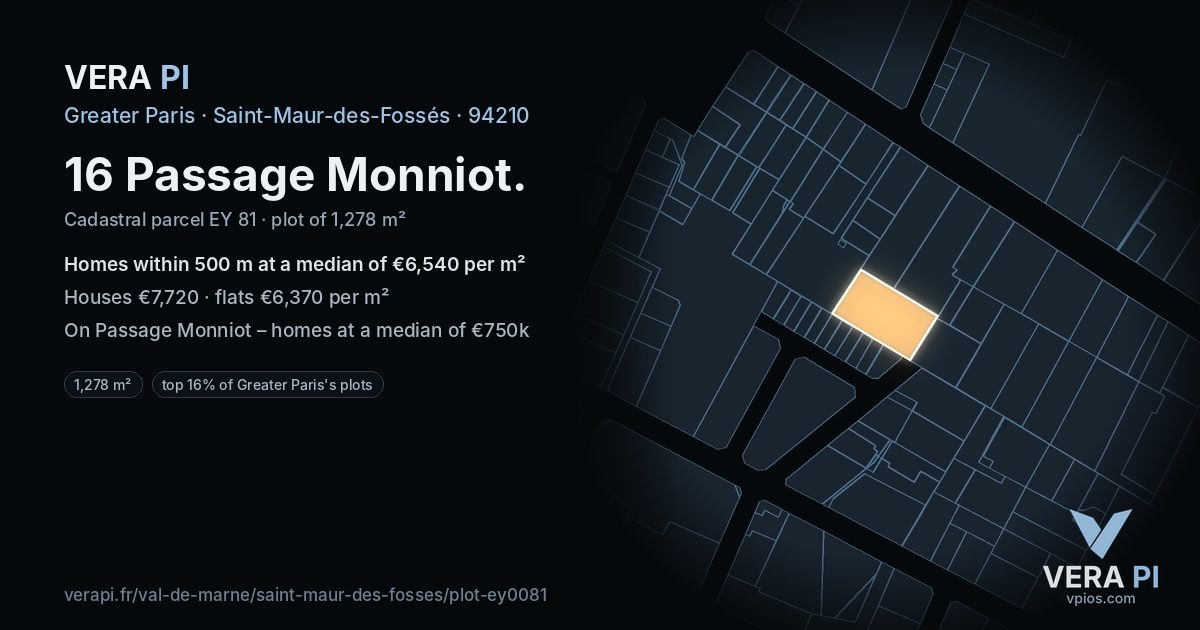 16 Passage Monniot, Saint-Maur-des-Fossés at night – the plot lit, the parcels around coloured by the prices near them
