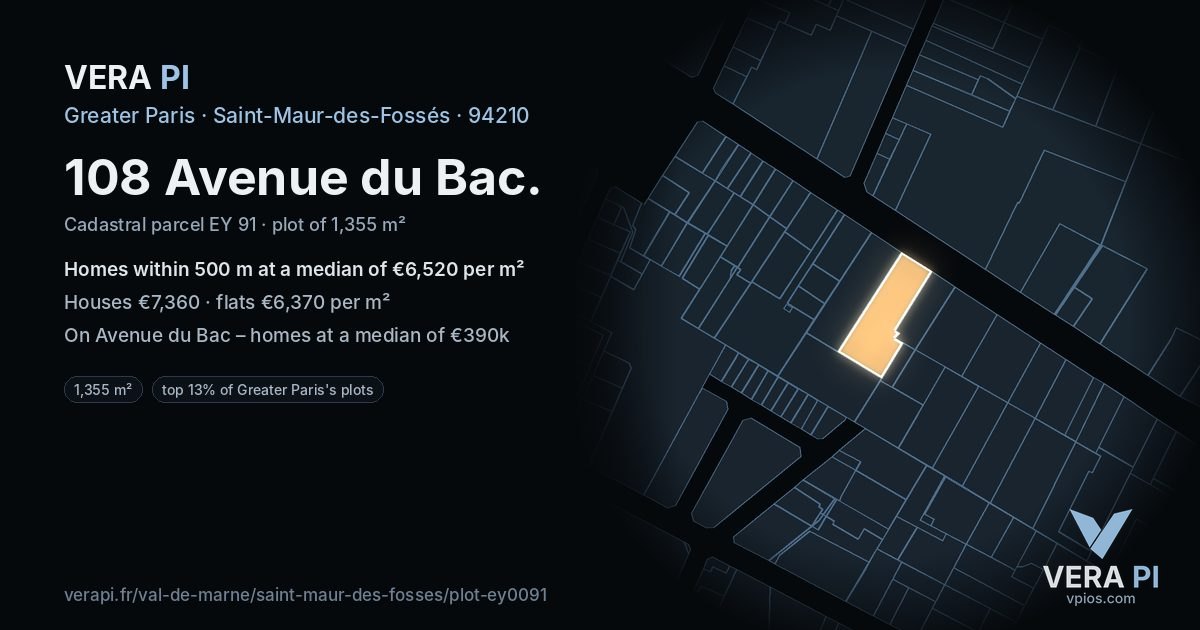 108 Avenue du Bac, Saint-Maur-des-Fossés at night – the plot lit, the parcels around coloured by the prices near them