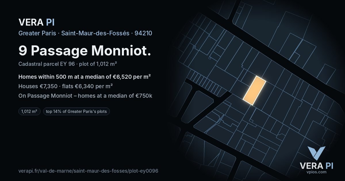 9 Passage Monniot, Saint-Maur-des-Fossés at night – the plot lit, the parcels around coloured by the prices near them
