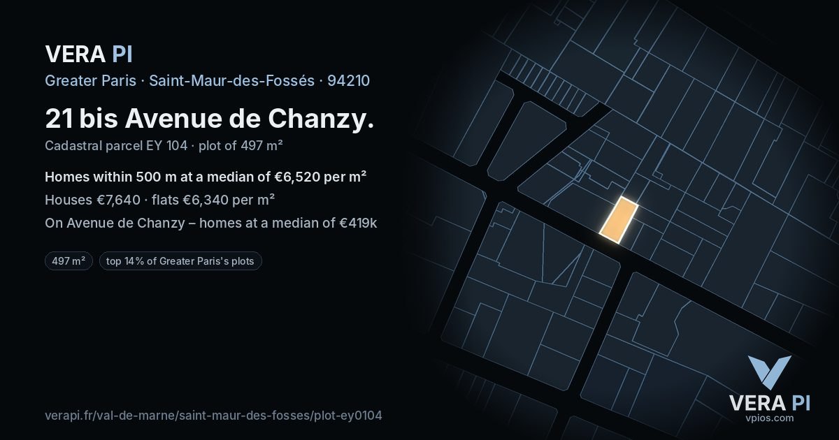 21 bis Avenue de Chanzy, Saint-Maur-des-Fossés at night – the plot lit, the parcels around coloured by the prices near them