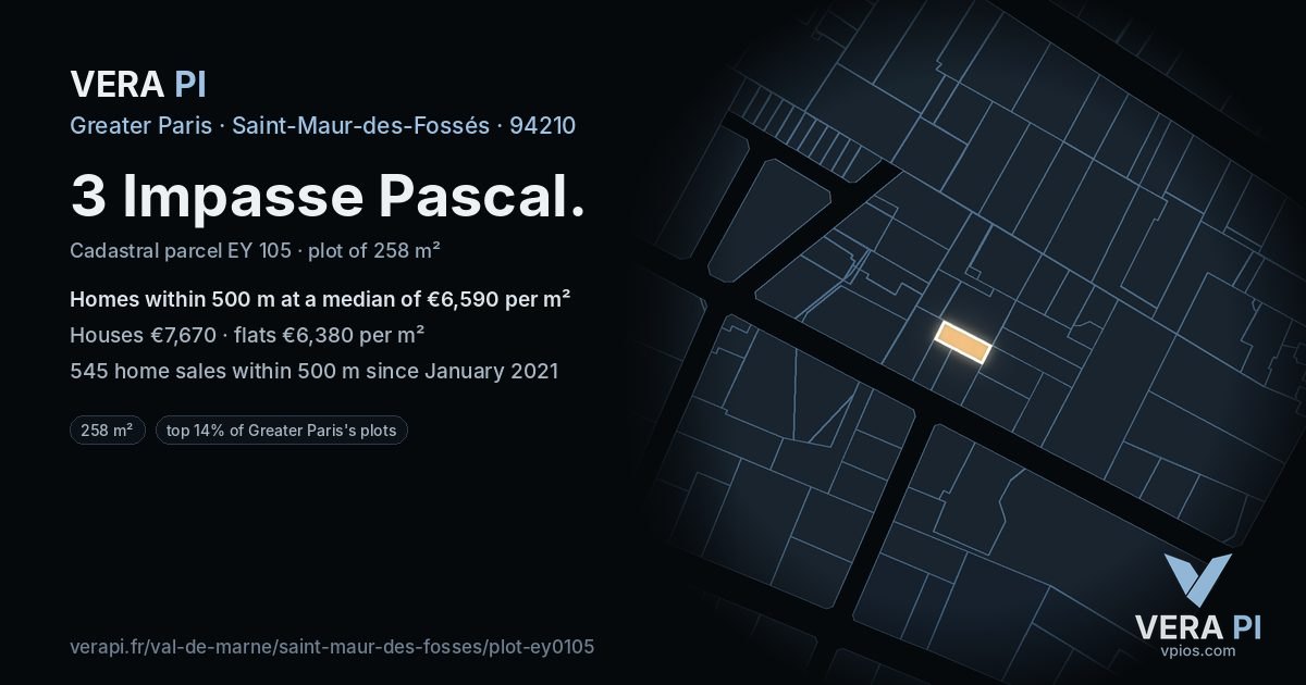 3 Impasse Pascal, Saint-Maur-des-Fossés at night – the plot lit, the parcels around coloured by the prices near them