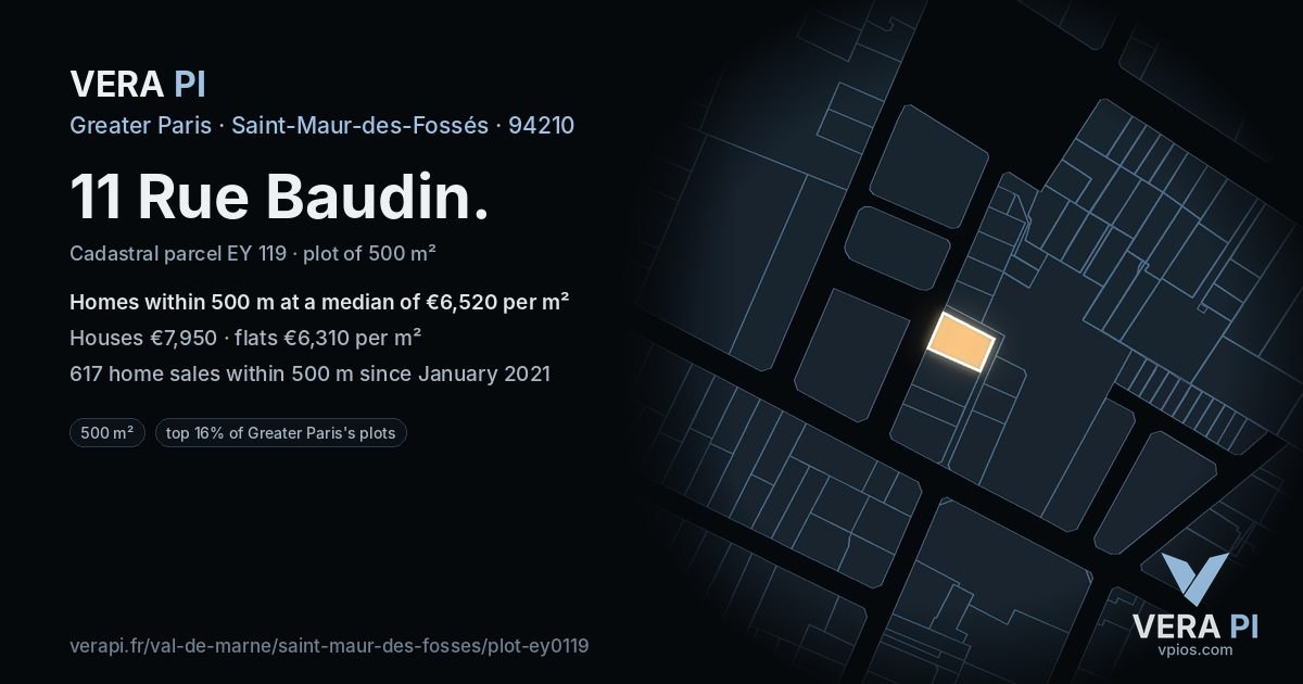 11 Rue Baudin, Saint-Maur-des-Fossés at night – the plot lit, the parcels around coloured by the prices near them