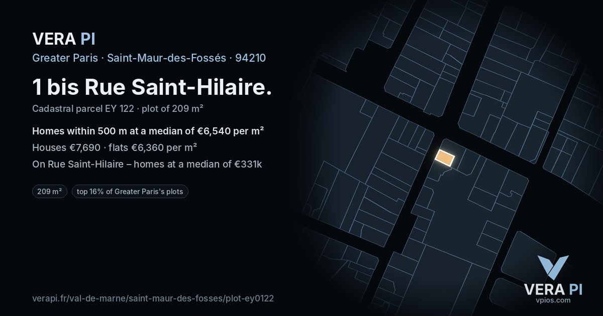 1 bis Rue Saint-Hilaire, Saint-Maur-des-Fossés at night – the plot lit, the parcels around coloured by the prices near them
