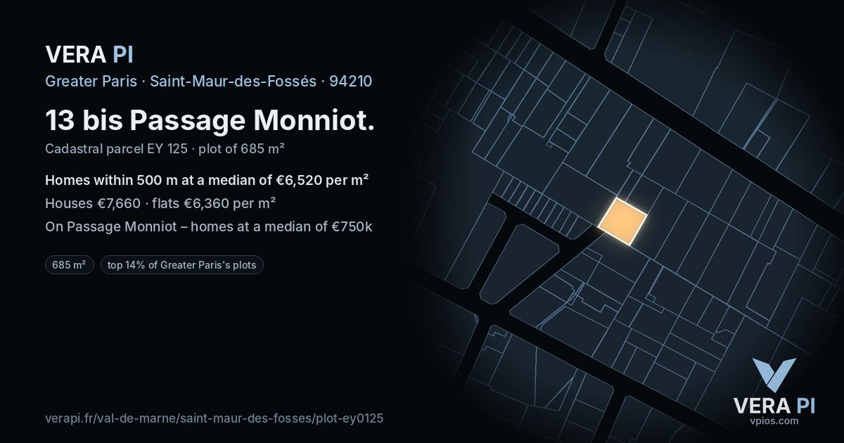13 bis Passage Monniot, Saint-Maur-des-Fossés at night – the plot lit, the parcels around coloured by the prices near them