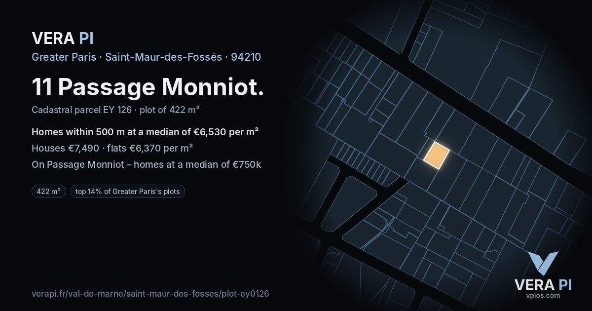 11 Passage Monniot, Saint-Maur-des-Fossés at night – the plot lit, the parcels around coloured by the prices near them