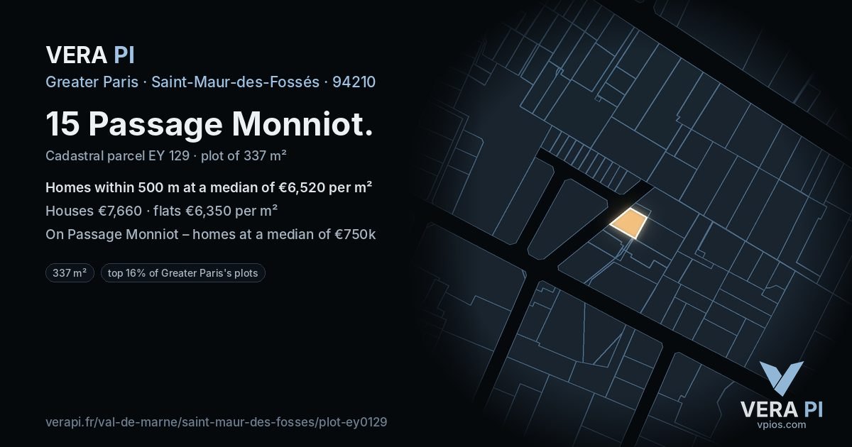 15 Passage Monniot, Saint-Maur-des-Fossés at night – the plot lit, the parcels around coloured by the prices near them