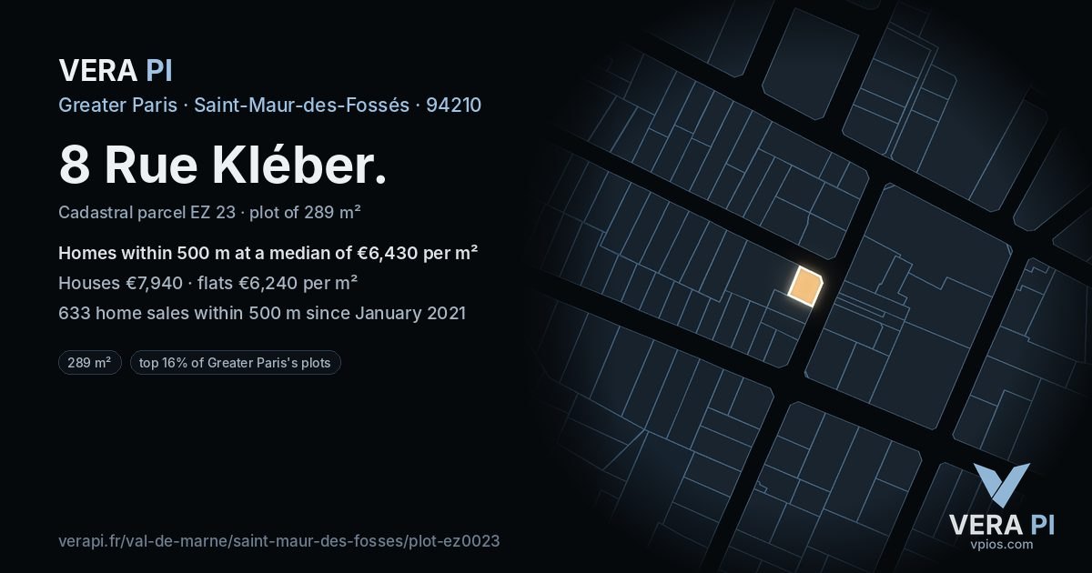 8 Rue Kléber, Saint-Maur-des-Fossés at night – the plot lit, the parcels around coloured by the prices near them