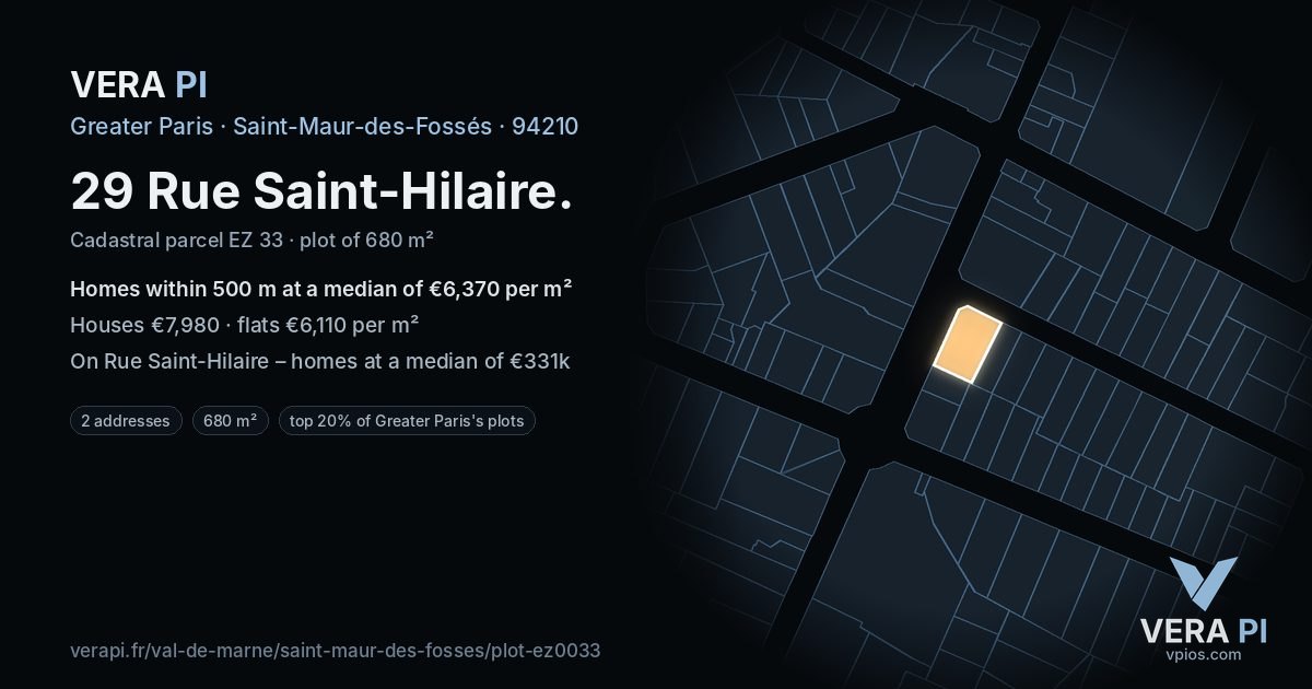 29 Rue Saint-Hilaire, Saint-Maur-des-Fossés at night – the plot lit, the parcels around coloured by the prices near them