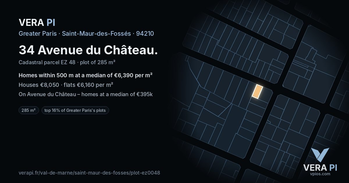 34 Avenue du Château, Saint-Maur-des-Fossés at night – the plot lit, the parcels around coloured by the prices near them