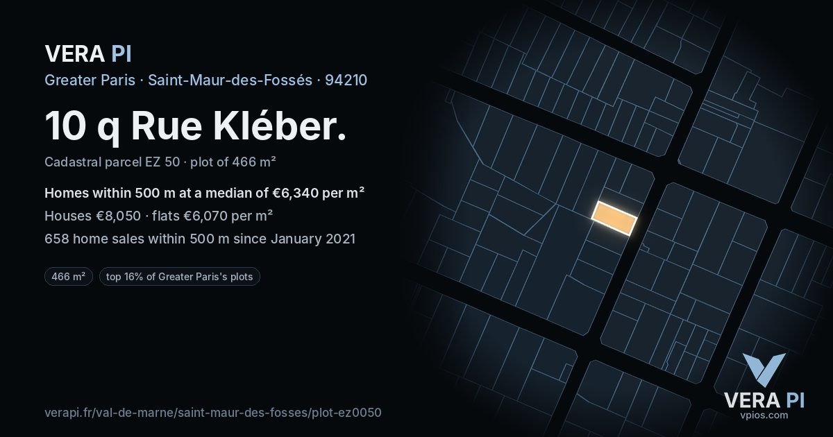 10 q Rue Kléber, Saint-Maur-des-Fossés at night – the plot lit, the parcels around coloured by the prices near them