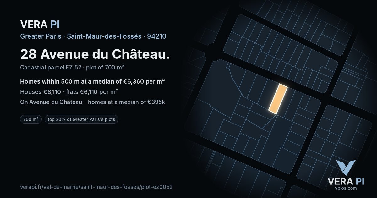 28 Avenue du Château, Saint-Maur-des-Fossés at night – the plot lit, the parcels around coloured by the prices near them