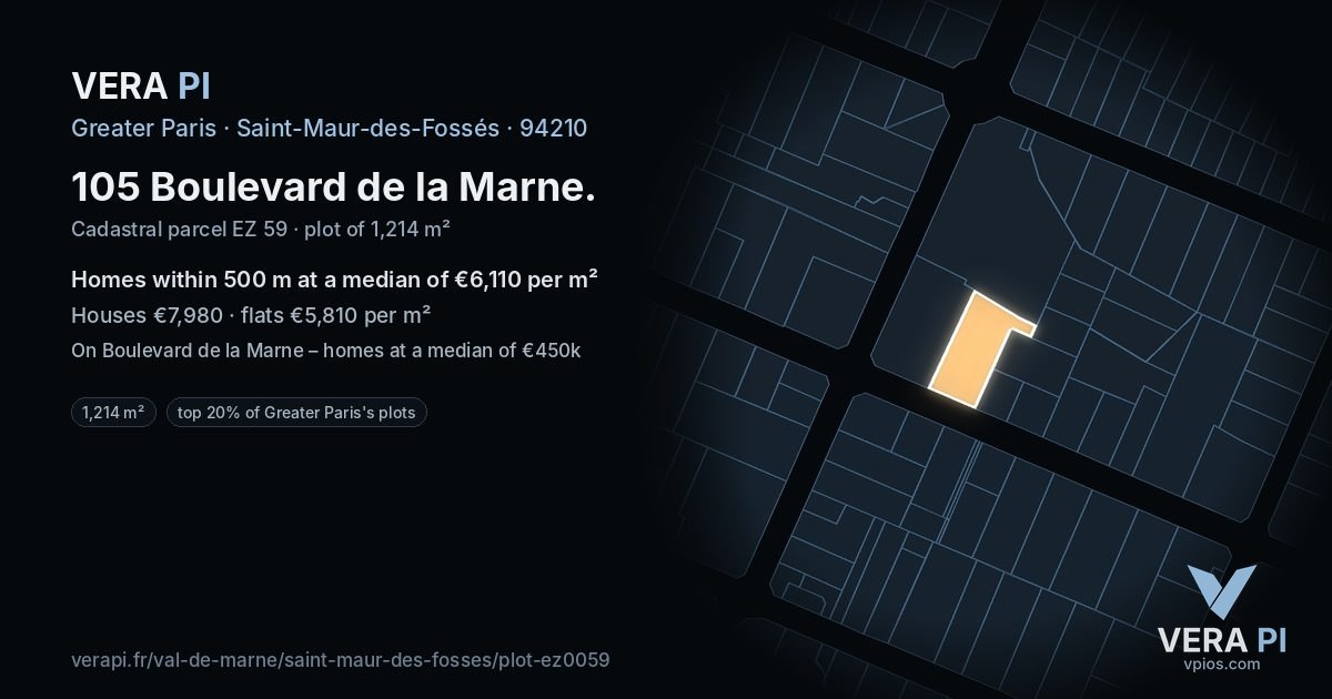 105 Boulevard de la Marne, Saint-Maur-des-Fossés at night – the plot lit, the parcels around coloured by the prices near them