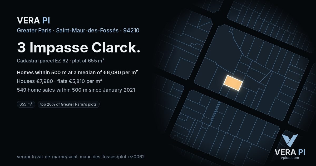3 Impasse Clarck, Saint-Maur-des-Fossés at night – the plot lit, the parcels around coloured by the prices near them