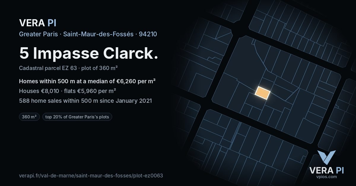 5 Impasse Clarck, Saint-Maur-des-Fossés at night – the plot lit, the parcels around coloured by the prices near them