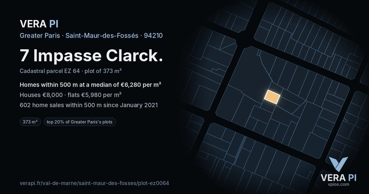 7 Impasse Clarck, Saint-Maur-des-Fossés at night – the plot lit, the parcels around coloured by the prices near them