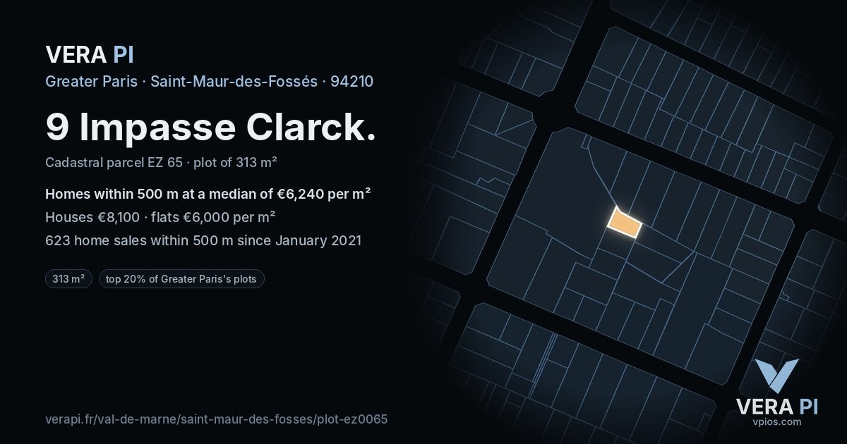 9 Impasse Clarck, Saint-Maur-des-Fossés at night – the plot lit, the parcels around coloured by the prices near them