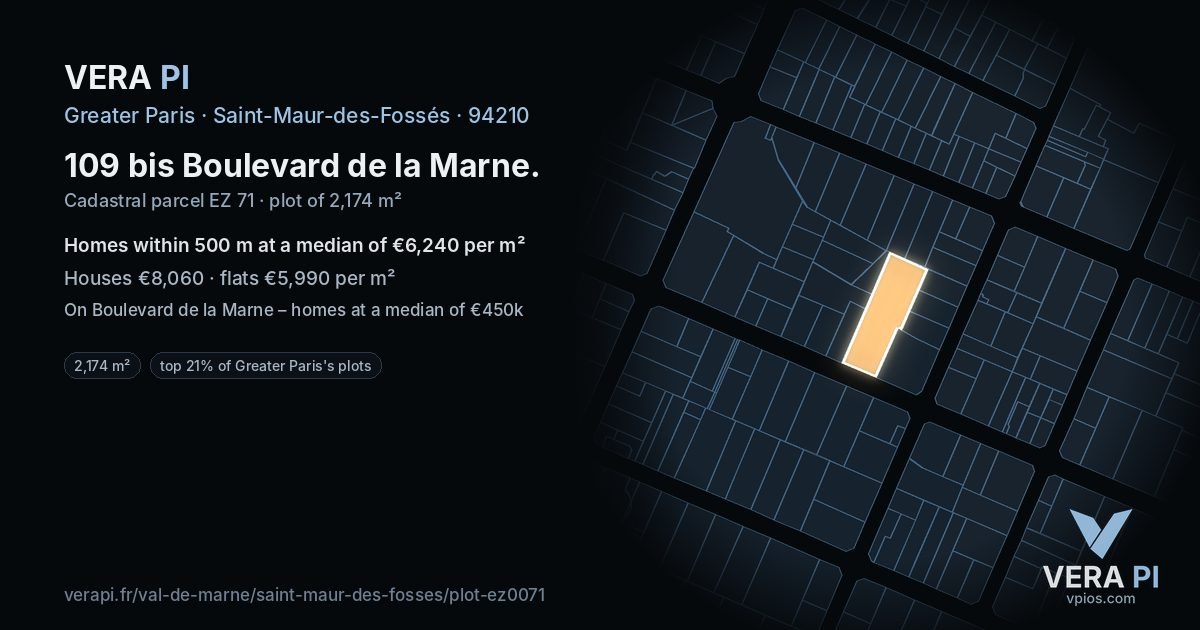 109 bis Boulevard de la Marne, Saint-Maur-des-Fossés at night – the plot lit, the parcels around coloured by the prices near them