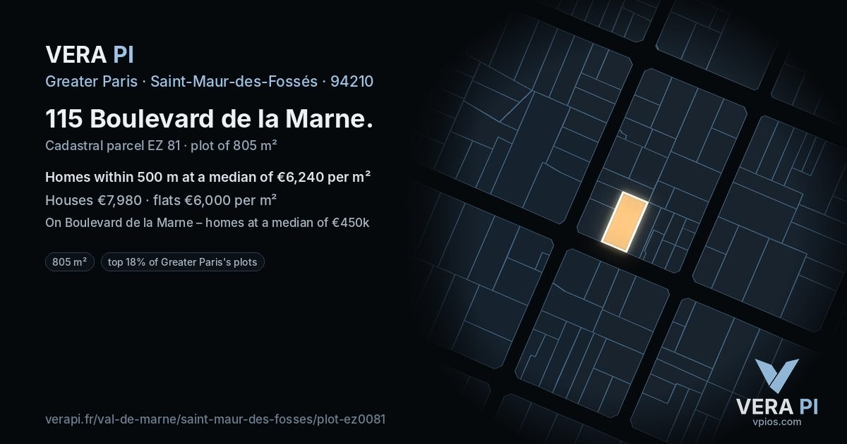115 Boulevard de la Marne, Saint-Maur-des-Fossés at night – the plot lit, the parcels around coloured by the prices near them