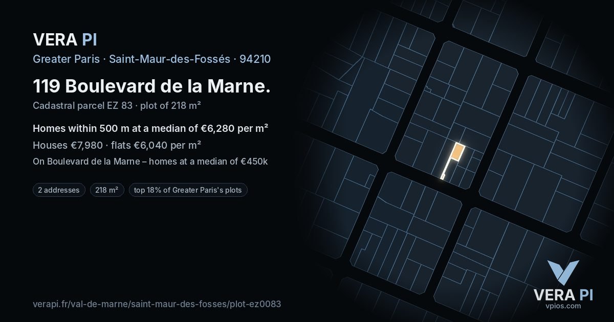 119 Boulevard de la Marne, Saint-Maur-des-Fossés at night – the plot lit, the parcels around coloured by the prices near them