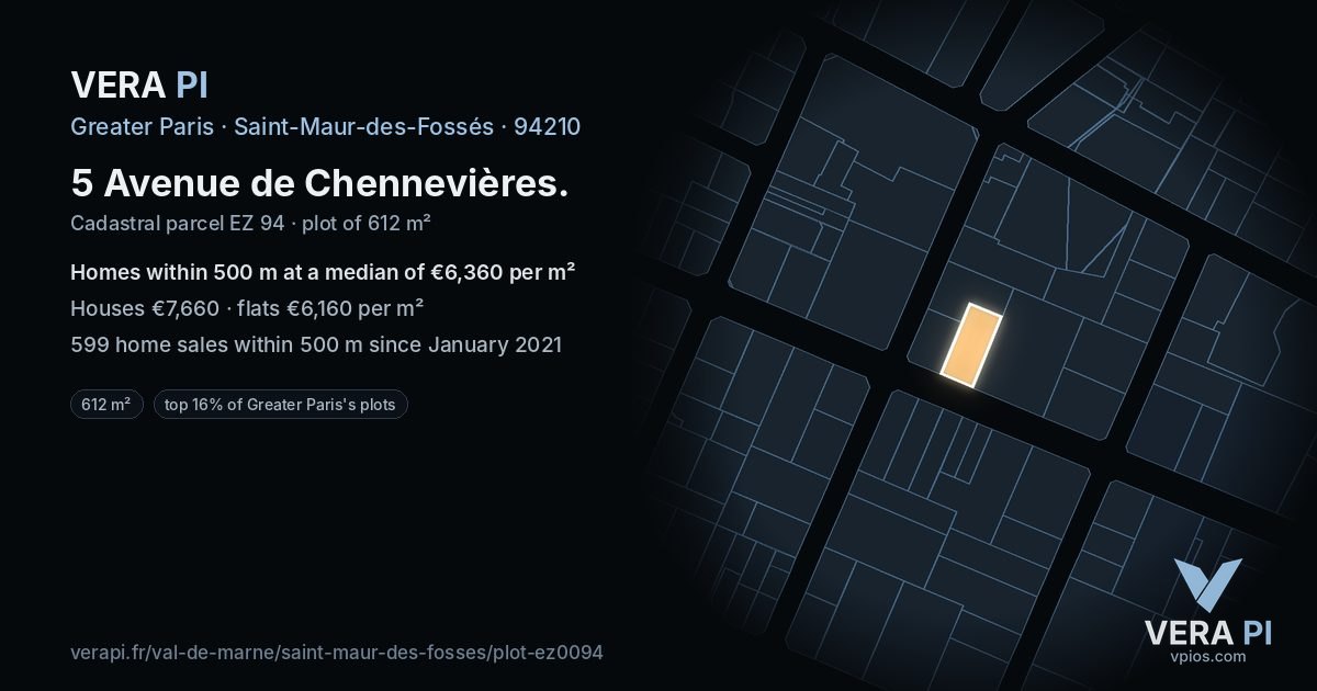 5 Avenue de Chennevières, Saint-Maur-des-Fossés at night – the plot lit, the parcels around coloured by the prices near them