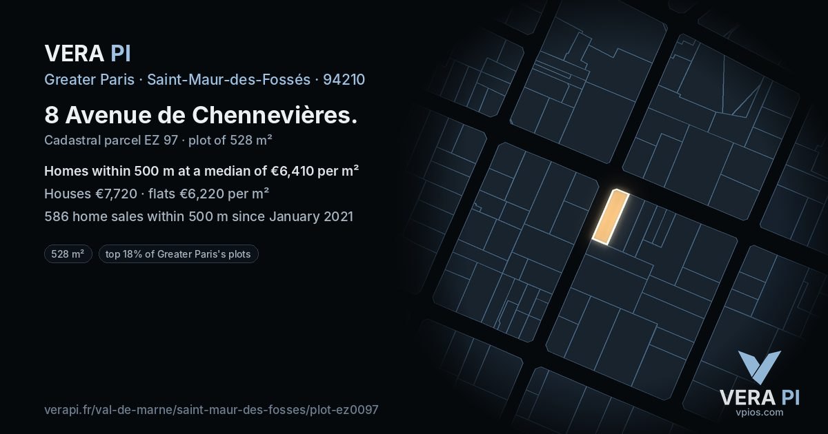 8 Avenue de Chennevières, Saint-Maur-des-Fossés at night – the plot lit, the parcels around coloured by the prices near them