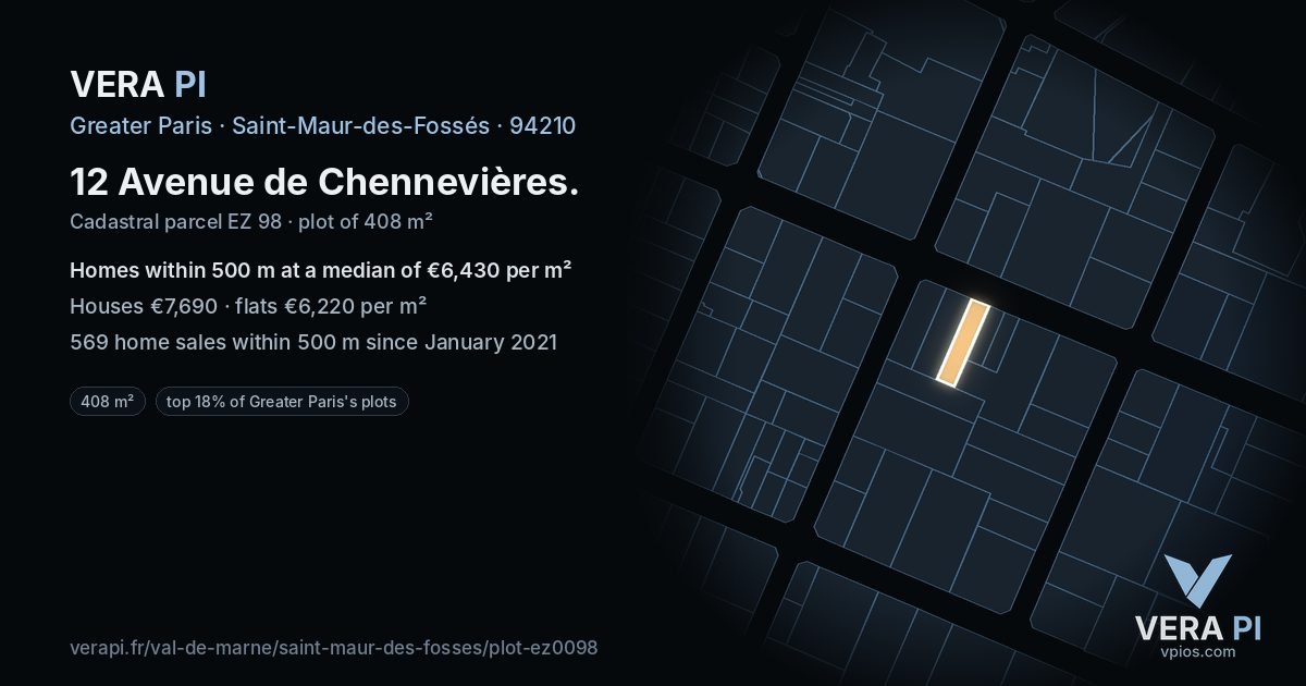 12 Avenue de Chennevières, Saint-Maur-des-Fossés at night – the plot lit, the parcels around coloured by the prices near them