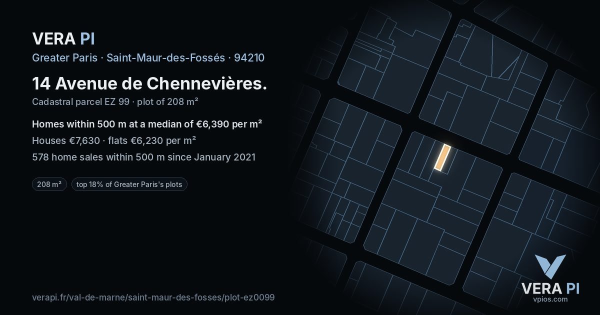 14 Avenue de Chennevières, Saint-Maur-des-Fossés at night – the plot lit, the parcels around coloured by the prices near them