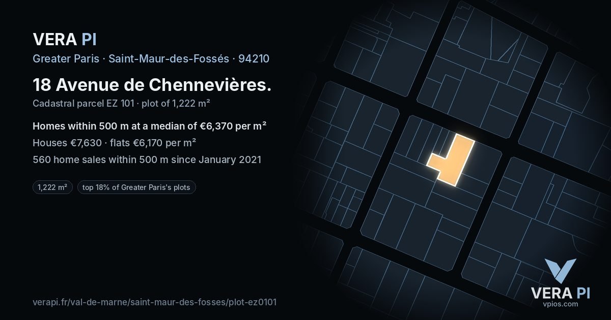 18 Avenue de Chennevières, Saint-Maur-des-Fossés at night – the plot lit, the parcels around coloured by the prices near them