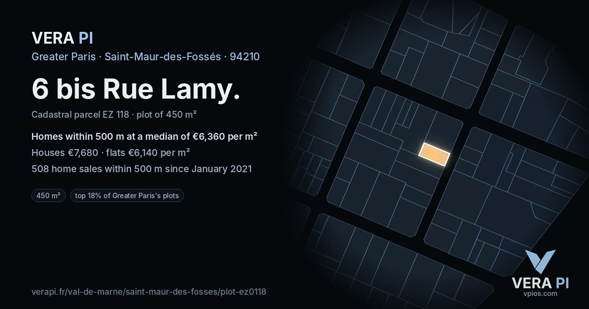 6 bis Rue Lamy, Saint-Maur-des-Fossés at night – the plot lit, the parcels around coloured by the prices near them