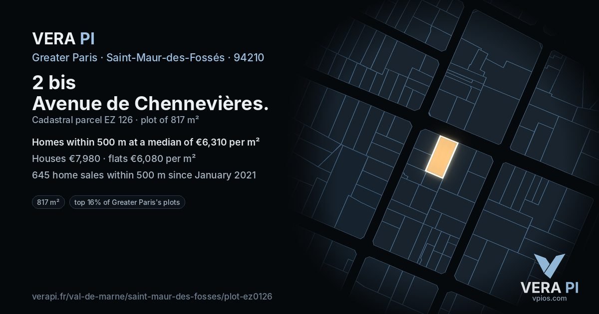 2 bis Avenue de Chennevières, Saint-Maur-des-Fossés at night – the plot lit, the parcels around coloured by the prices near them