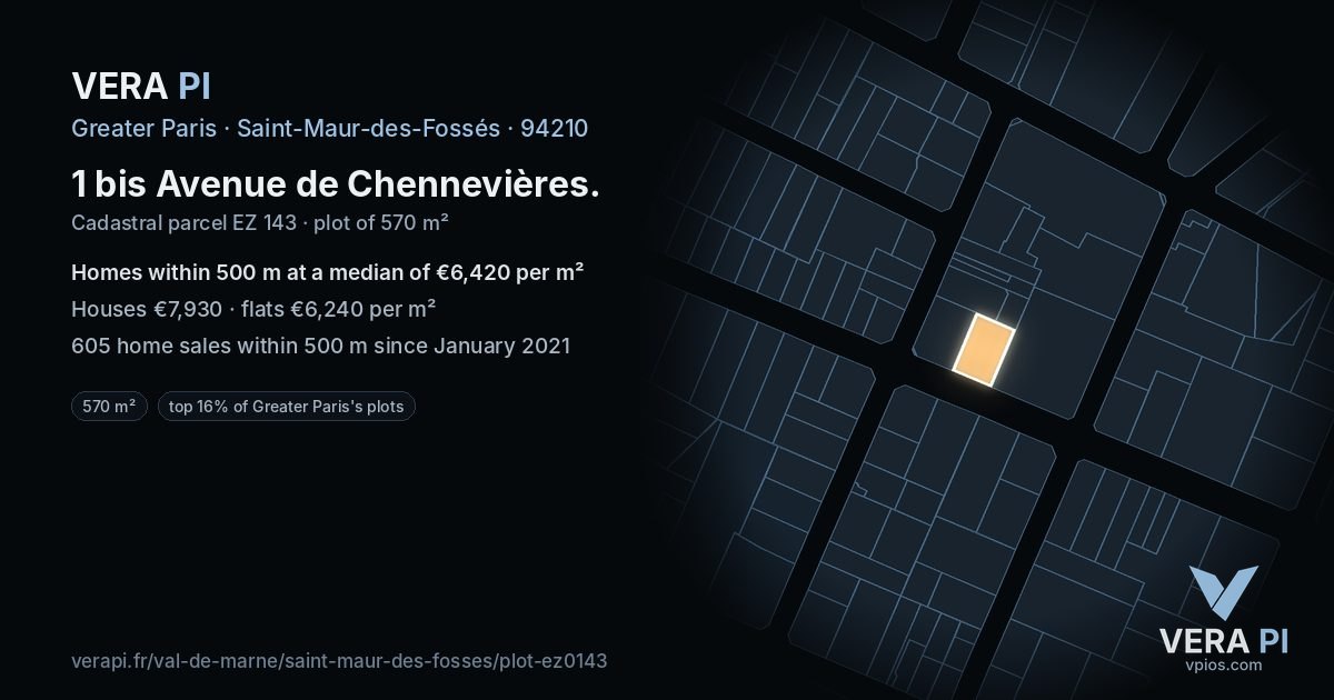 1 bis Avenue de Chennevières, Saint-Maur-des-Fossés at night – the plot lit, the parcels around coloured by the prices near them